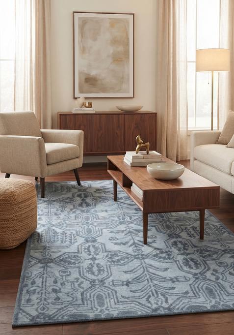Saffron Rugs Hand-Tufted 100% Wool Area Rug | Light Blue Grey Rectangular Rug | Cotton Backing | Transitional Trellis Carpet for Living Room