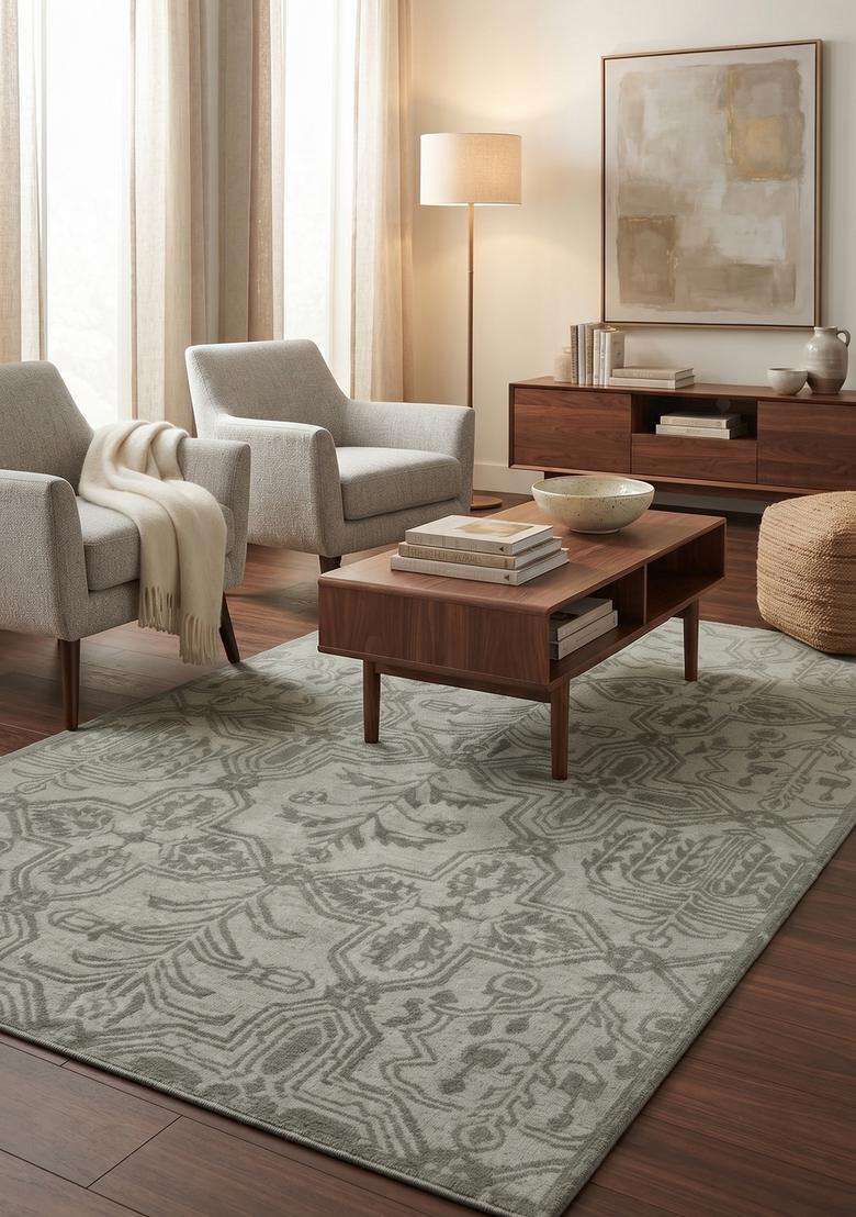 Saffron Rugs Sage Green Transitional Trellis Hand Tufted Wool Rectangular Rug - Indya
