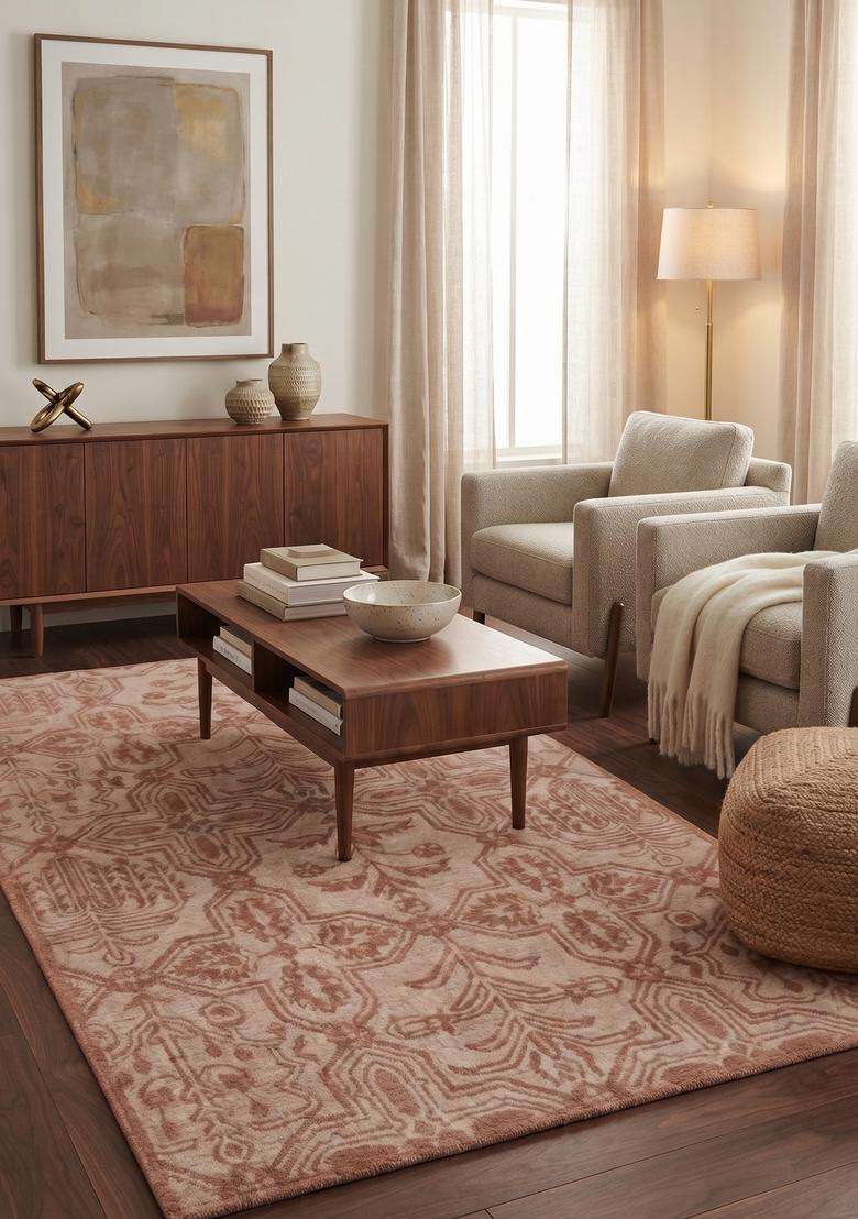 Saffron Rugs Dusty Rose Transitional Geometric Hand Tufted Wool Rectangular Rug - Indya