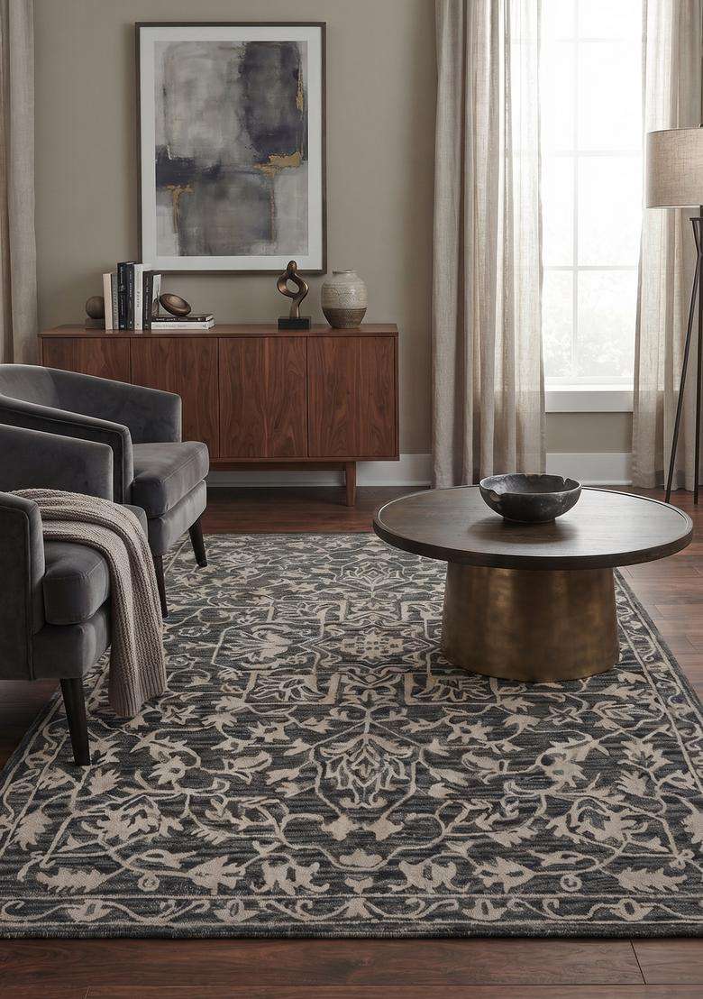 Saffron Rugs Charcoal Grey Transitional Floral Hand Tufted Wool Rectangular Rug - Indya