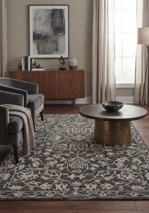 Saffron Rugs Hand-Tufted 100% Wool Area Rug | Charcoal Grey Rectangular Rug | Cotton Backing | Transitional Floral Carpet for Living Room