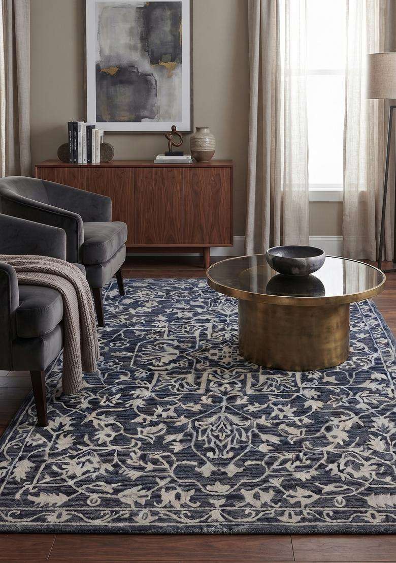 Saffron Rugs Navy Blue Oriental Floral Hand Tufted Wool Rectangular Rug - Indya