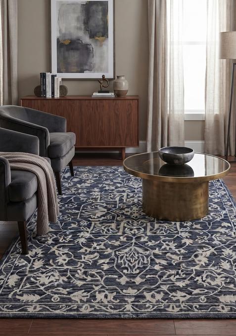 Saffron Rugs Hand-Tufted 100% Wool Area Rug | Navy Blue Rectangular Rug | Cotton Backing | Oriental Floral Carpet for Living Room