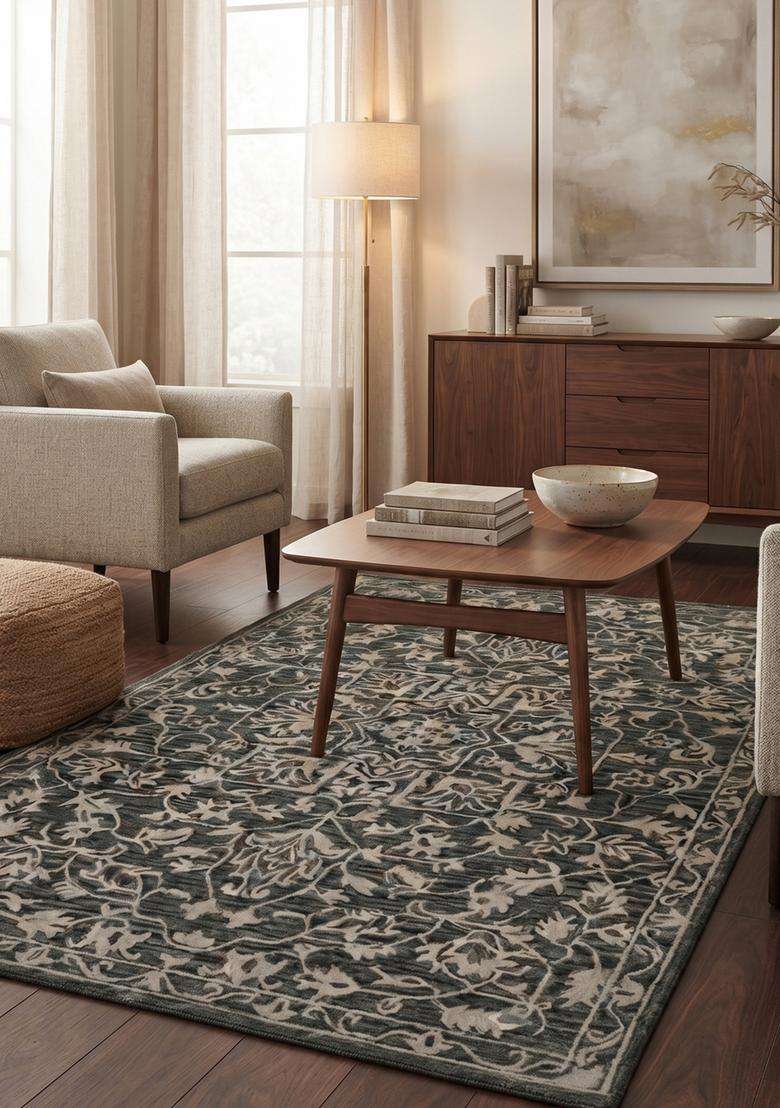 Saffron Rugs Charcoal Grey Oriental Floral Hand Tufted Wool Rectangular Rug - Indya