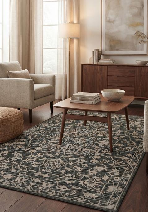 Saffron Rugs Hand-Tufted 100% Wool Area Rug | Charcoal Grey Rectangular Rug | Cotton Backing | Oriental Floral Carpet for Living Room