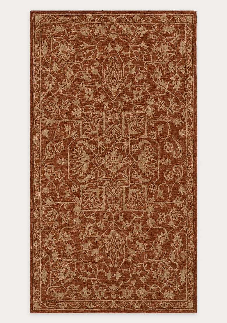 Saffron Rugs Hand-Tufted 100% Wool Area Rug | Rust Terracotta Rectangular Rug | Cotton Backing | Classic Floral Carpet for Living Room - Indya