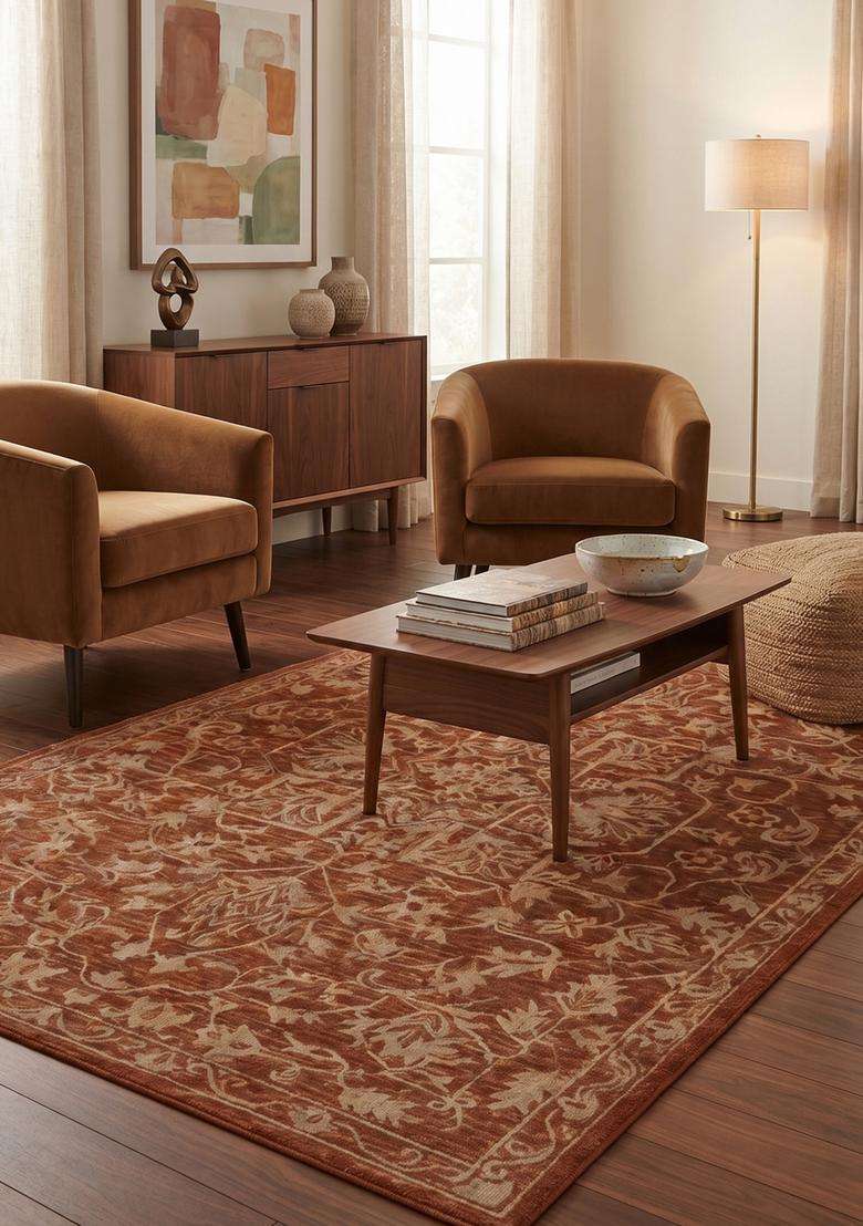 Saffron Rugs Rust Terracotta Classic Floral Hand Tufted Wool Rectangular Rug - Indya