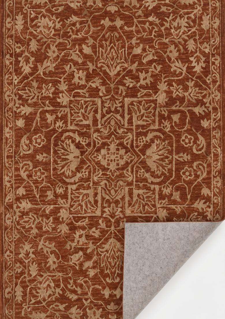 Saffron Rugs Hand-Tufted 100% Wool Area Rug | Rust Terracotta Rectangular Rug | Cotton Backing | Classic Floral Carpet for Living Room - Indya