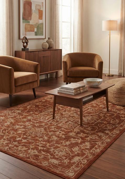 Saffron Rugs Hand-Tufted 100% Wool Area Rug | Rust Terracotta Rectangular Rug | Cotton Backing | Classic Floral Carpet for Living Room