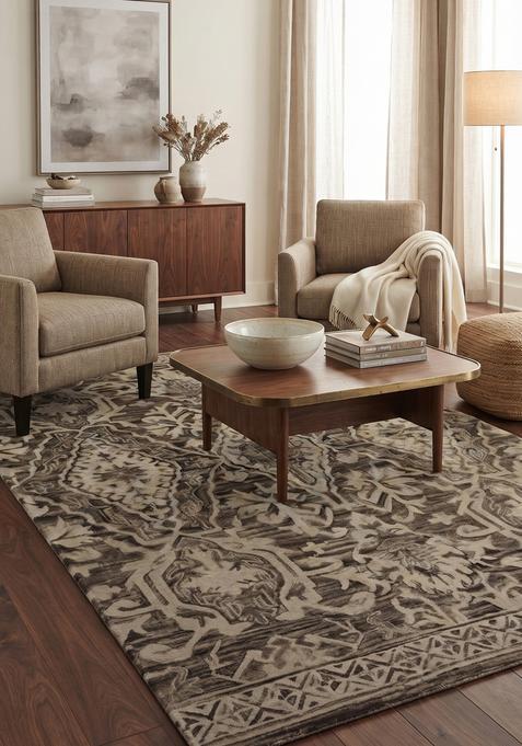 Saffron Rugs Hand-Tufted 100% Wool Area Rug | Dark Brown Rectangular Rug | Cotton Backing | Classic Floral Carpet for Living Room