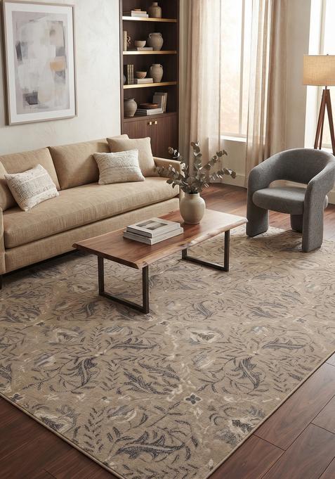 Saffron Rugs Hand-Tufted 100% Wool Area Rug | Beige Grey Rectangular Rug | Cotton Backing | Transitional Floral Carpet for Living Room