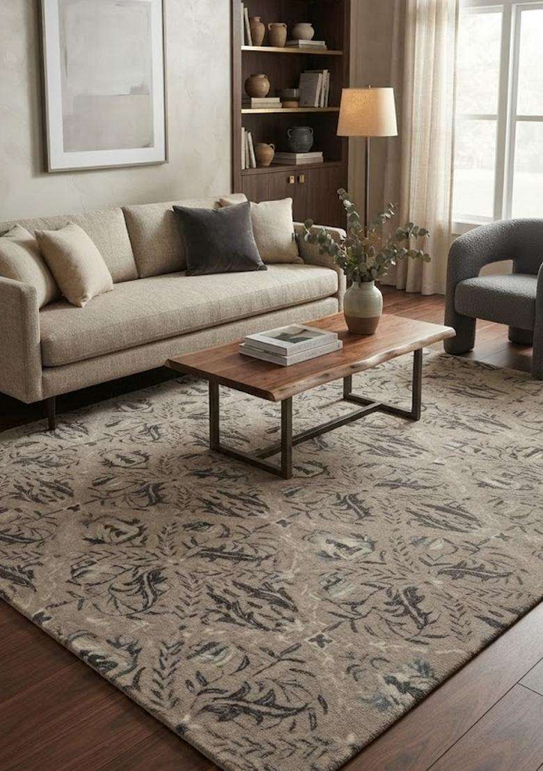Saffron Rugs Grey Taupe Transitional Floral Hand Tufted Wool Rectangular Rug - Indya