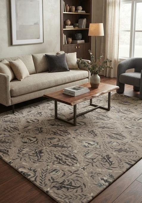 Saffron Rugs Hand-Tufted 100% Wool Area Rug | Grey Taupe Rectangular Rug | Cotton Backing | Transitional Floral Carpet for Living Room