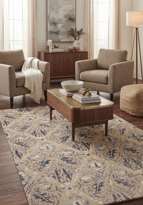 Saffron Rugs Hand-Tufted 100% Wool Area Rug | Beige Blue Rectangular Rug | Cotton Backing | Transitional Floral Carpet for Living Room