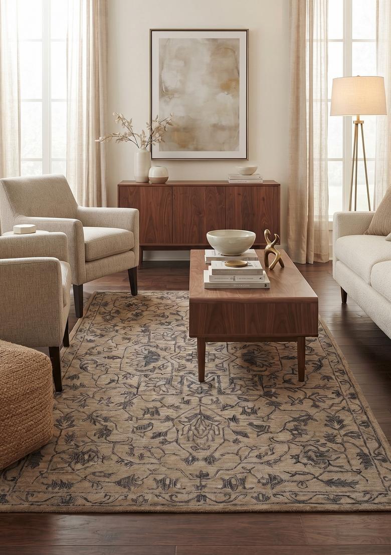 Saffron Rugs Beige Brown Transitional Floral Hand Tufted Wool Rectangular Rug - Indya