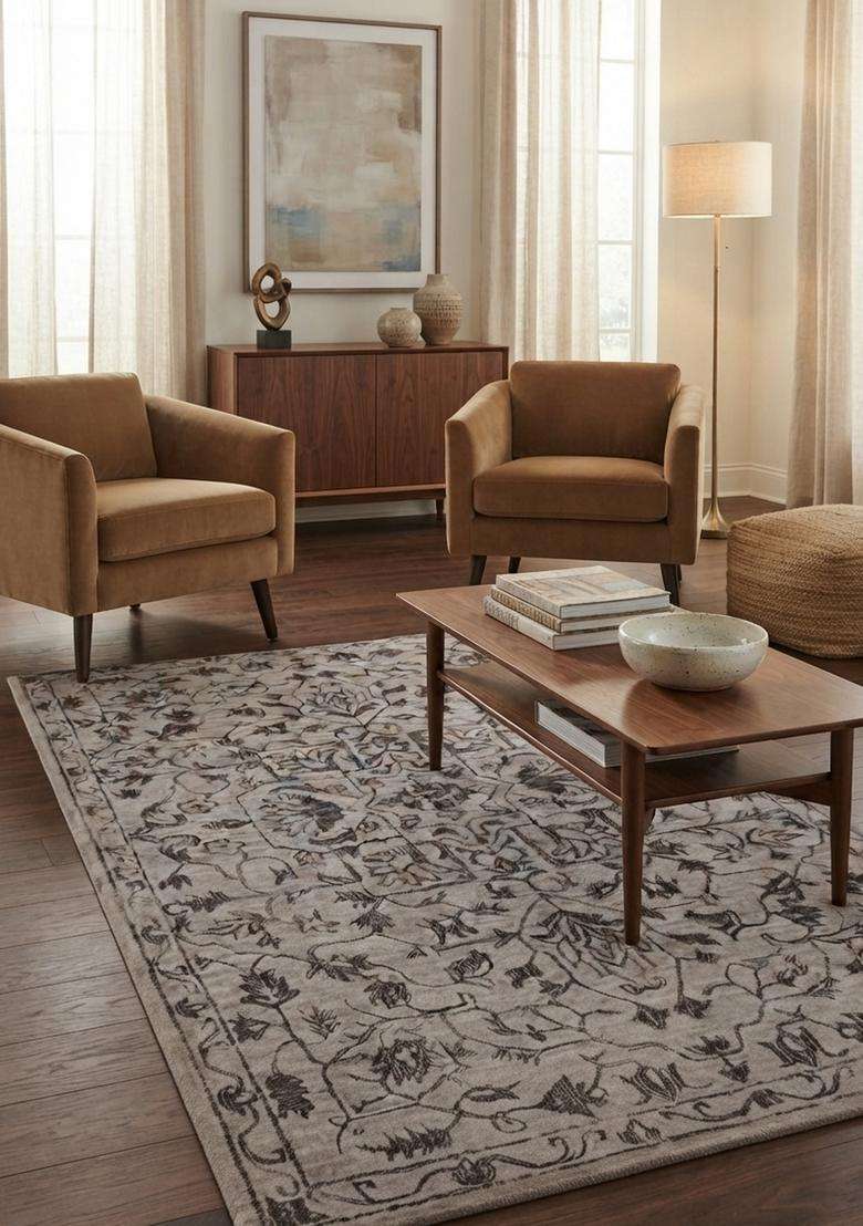 Saffron Rugs Hand-Tufted 100% Wool Area Rug | Grey Rectangular Rug | Cotton Backing | Classic Floral Carpet for Living Room - Indya
