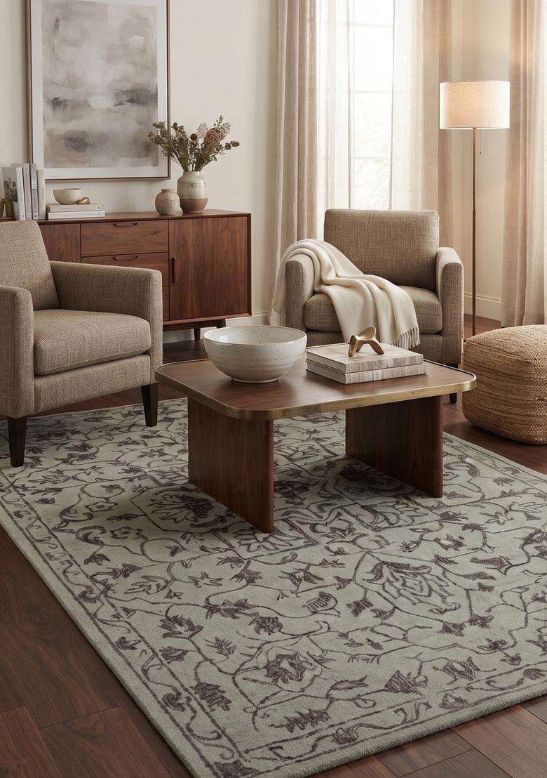 Saffron Rugs Hand-Tufted 100% Wool Area Rug | Light Grey Rectangular Rug | Cotton Backing | Transitional Floral Carpet for Living Room - Indya