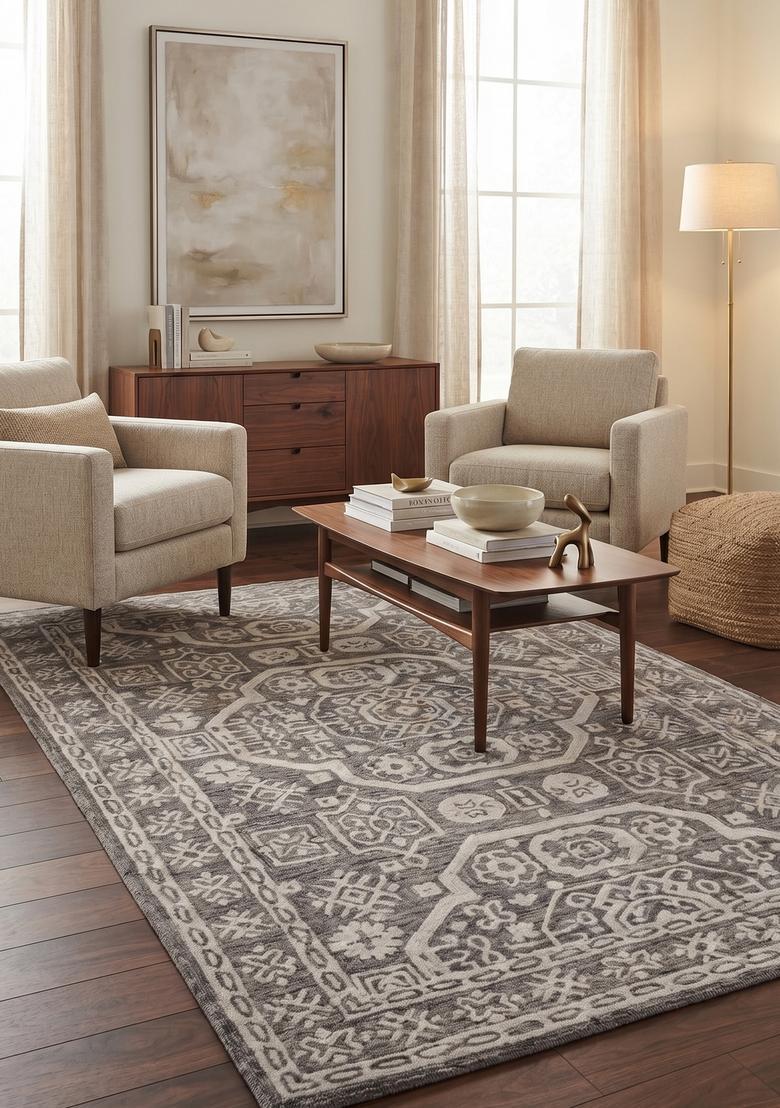 Saffron Rugs Grey Taupe Transitional Geometric Hand Tufted Wool Rectangular Rug - Indya