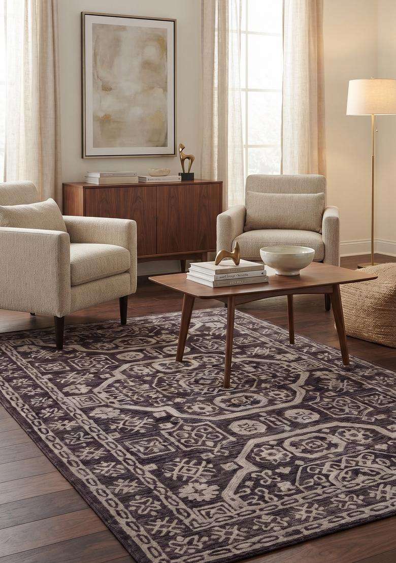 Saffron Rugs Hand-Tufted 100% Wool Area Rug | Dark Purple Rectangular Rug | Cotton Backing | Oriental Geometric Carpet for Living Room - Indya