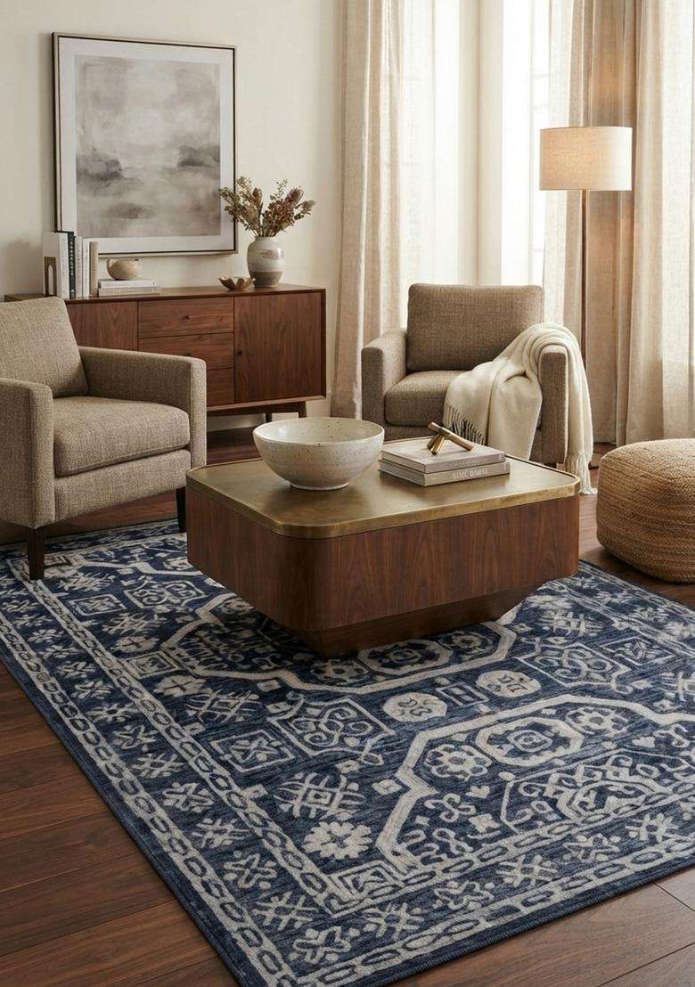 Saffron Rugs Hand-Tufted 100% Wool Area Rug | Navy Blue Rectangular Rug | Cotton Backing | Oriental Geometric Carpet for Living Room - Indya