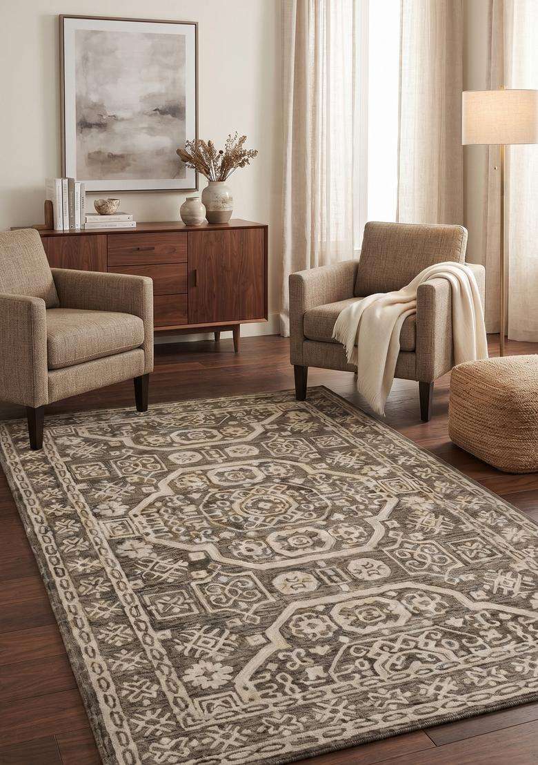 Saffron Rugs Hand-Tufted 100% Wool Area Rug | Taupe Grey Rectangular Rug | Cotton Backing | Classic Geometric Carpet for Living Room - Indya