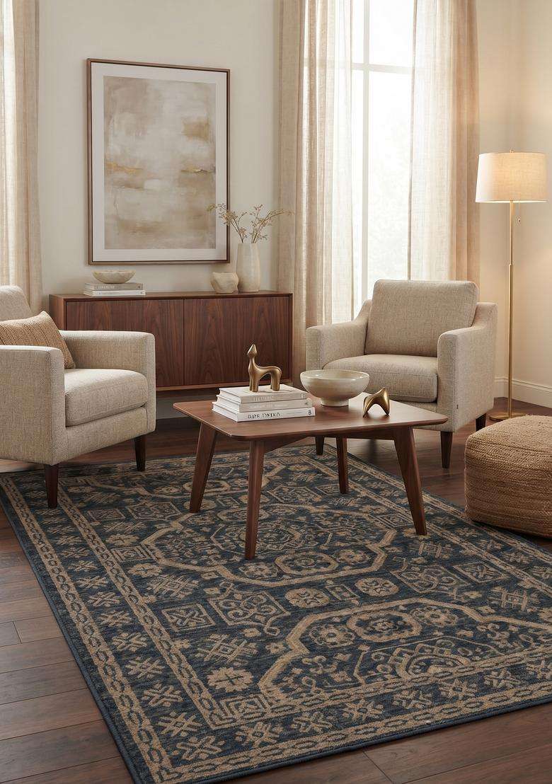 Saffron Rugs Charcoal Oriental Geometric Hand Tufted Wool Rectangular Rug - Indya