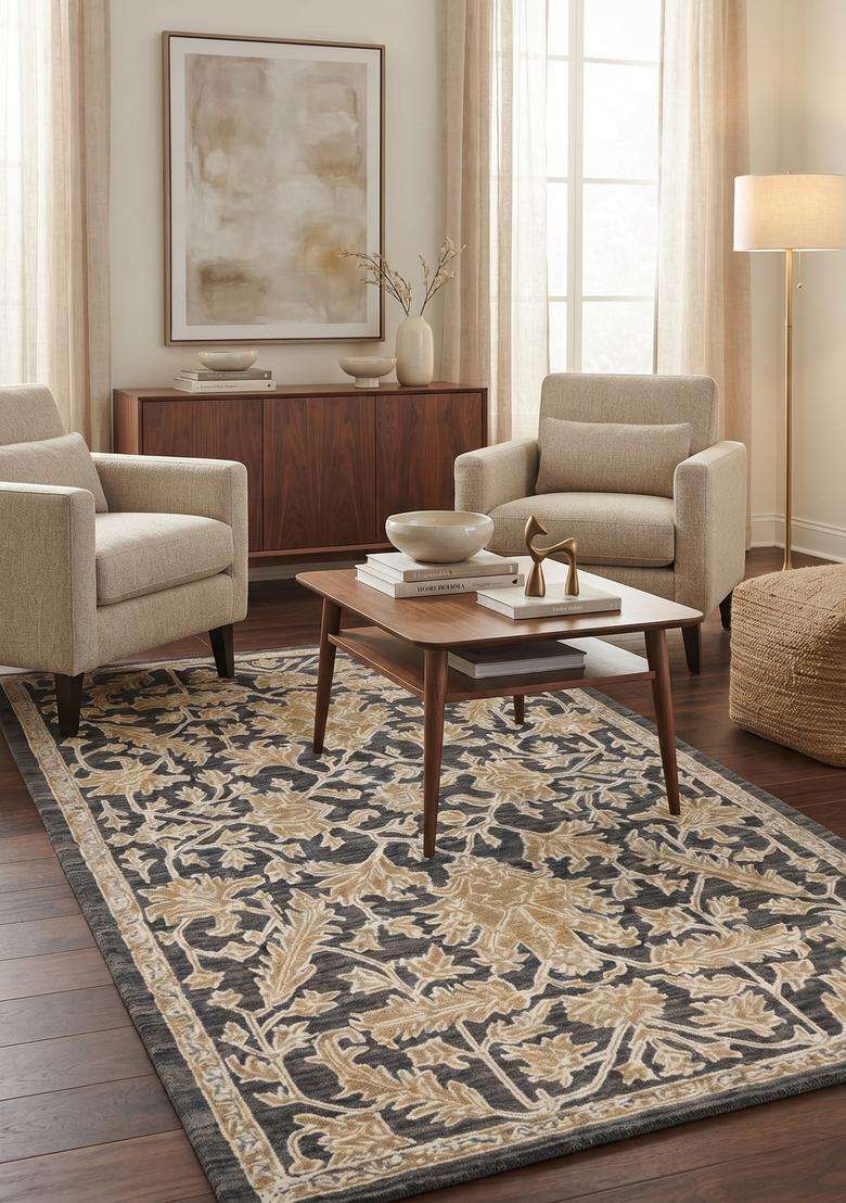 Saffron Rugs Hand-Tufted 100% Wool Area Rug | Charcoal Grey Rectangular Rug | Cotton Backing | Classic Floral Carpet for Living Room - Indya
