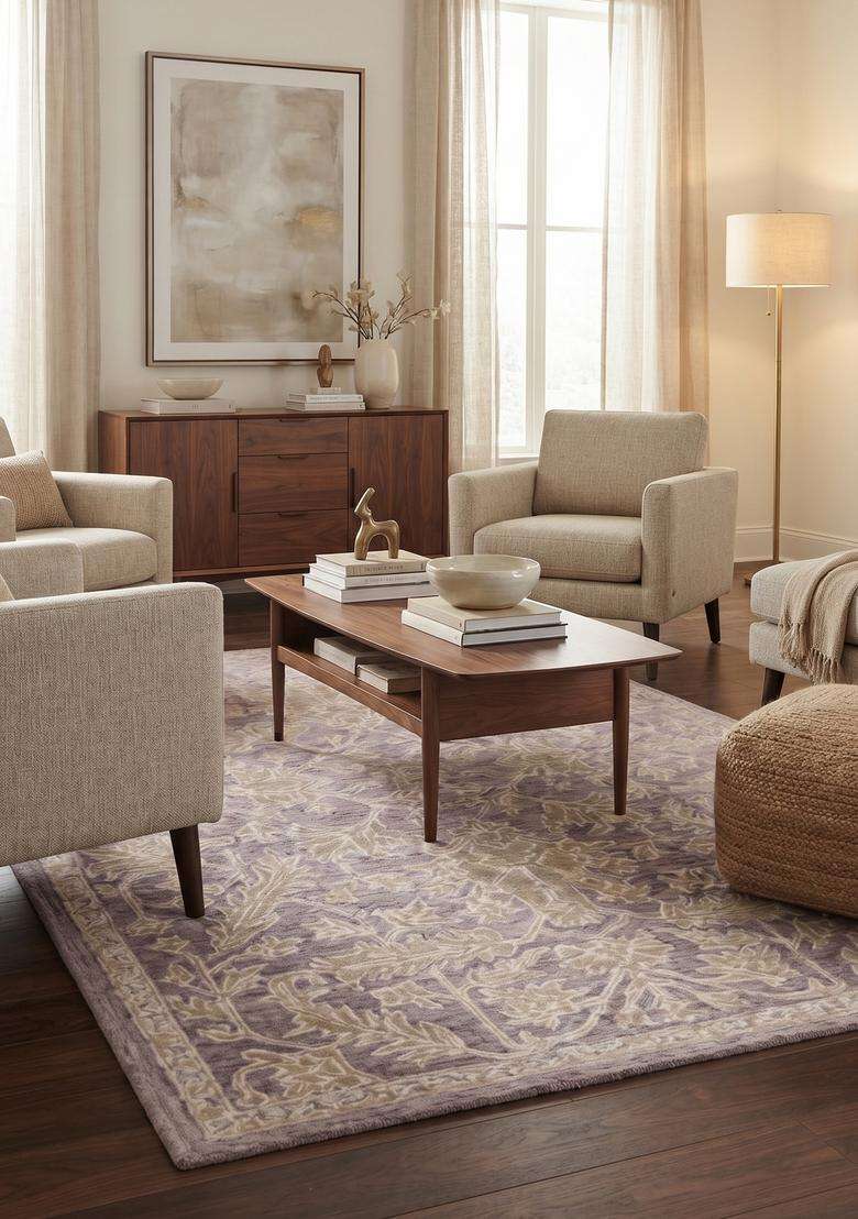 Saffron Rugs Hand-Tufted 100% Wool Area Rug | Lavender Purple Rectangular Rug | Cotton Backing | Transitional Trellis Carpet for Living Room - Indya