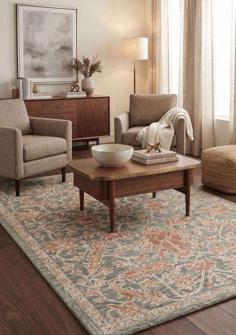 Saffron Rugs Hand-Tufted 100% Wool Area Rug | Sage Green Rectangular Rug | Cotton Backing | Transitional Floral Carpet for Living Room - Indya