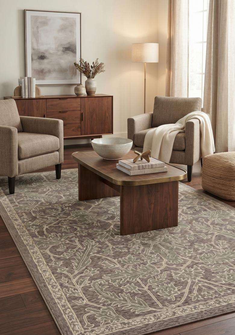 Saffron Rugs Hand-Tufted 100% Wool Area Rug | Grey Green Rectangular Rug | Cotton Backing | Transitional Floral Carpet for Living Room - Indya