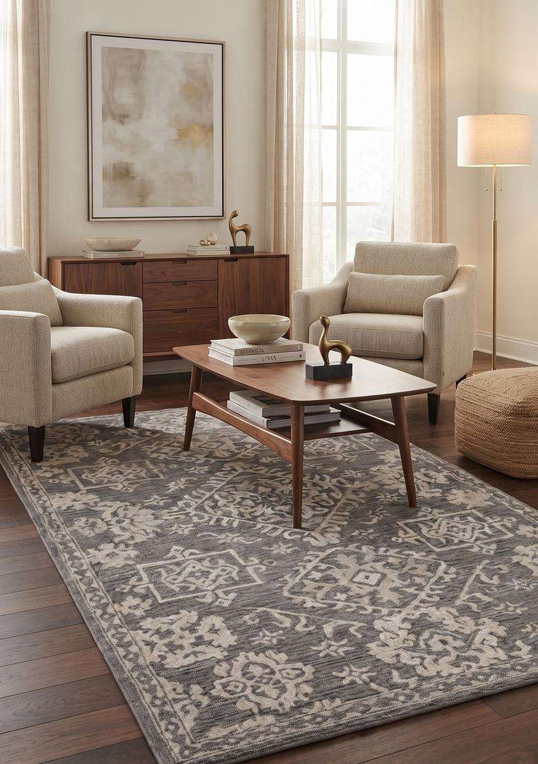 Saffron Rugs Hand-Tufted 100% Wool Area Rug | Grey Rectangular Rug | Cotton Backing | Transitional Geometric Carpet for Living Room - Indya