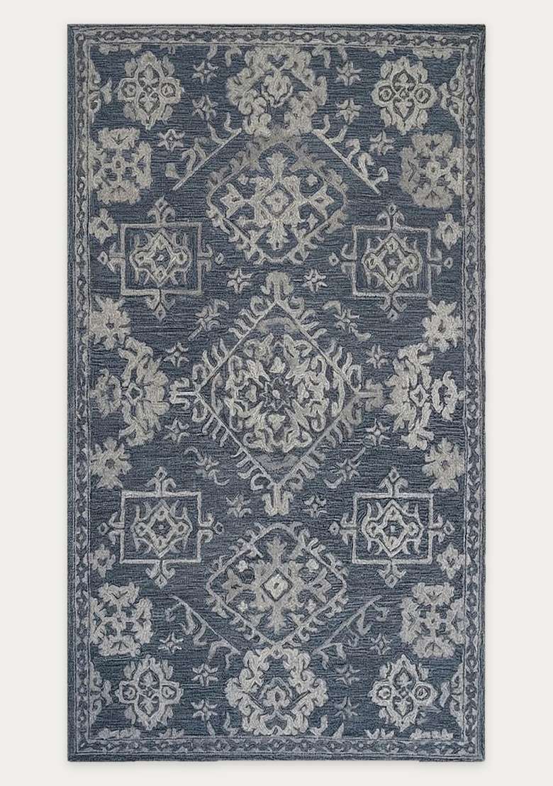Saffron Rugs Navy Blue Oriental Geometric Hand Tufted Wool Rectangular Rug - Indya