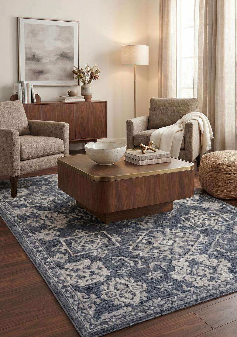 Saffron Rugs Hand-Tufted 100% Wool Area Rug | Navy Blue Rectangular Rug | Cotton Backing | Oriental Geometric Carpet for Living Room - Indya