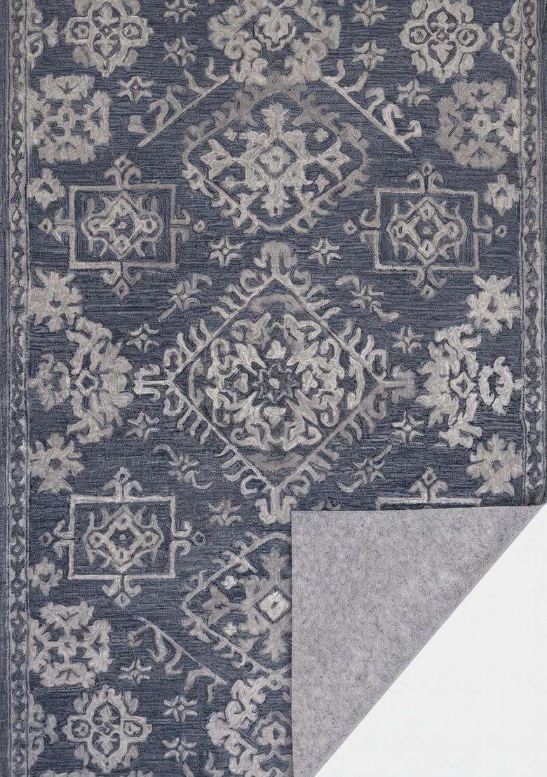 Saffron Rugs Navy Blue Oriental Geometric Hand Tufted Wool Rectangular Rug - Indya