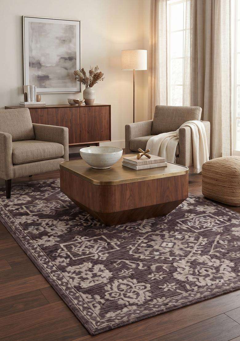 Saffron Rugs Hand-Tufted 100% Wool Area Rug | Mauve Purple Rectangular Rug | Cotton Backing | Classic Trellis Carpet for Living Room - Indya