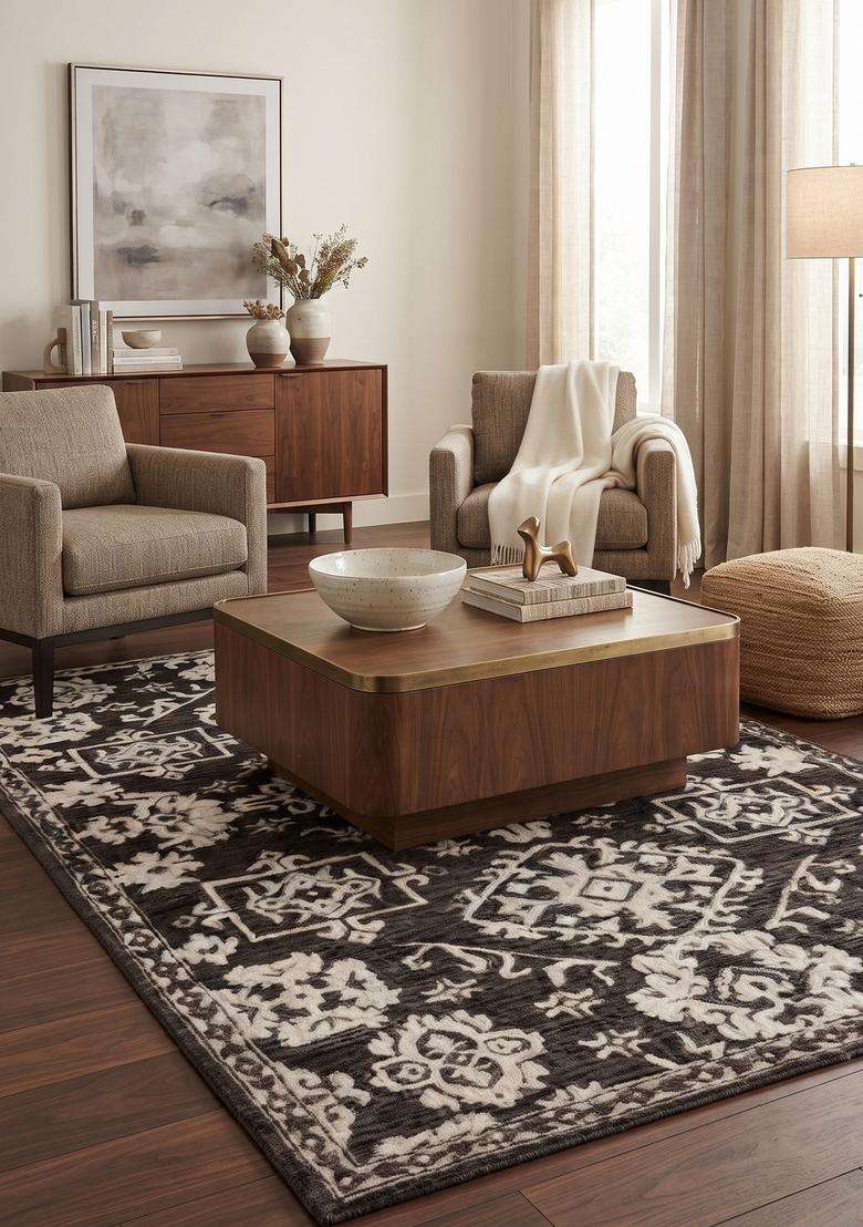 Saffron Rugs Hand-Tufted 100% Wool Area Rug | Dark Charcoal Rectangular Rug | Cotton Backing | Classic Floral Carpet for Living Room - Indya