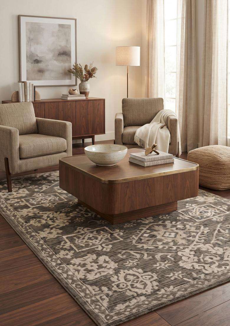 Saffron Rugs Hand-Tufted 100% Wool Area Rug | Grey and Beige Rectangular Rug | Cotton Backing | Transitional Geometric Carpet for Living Room - Indya