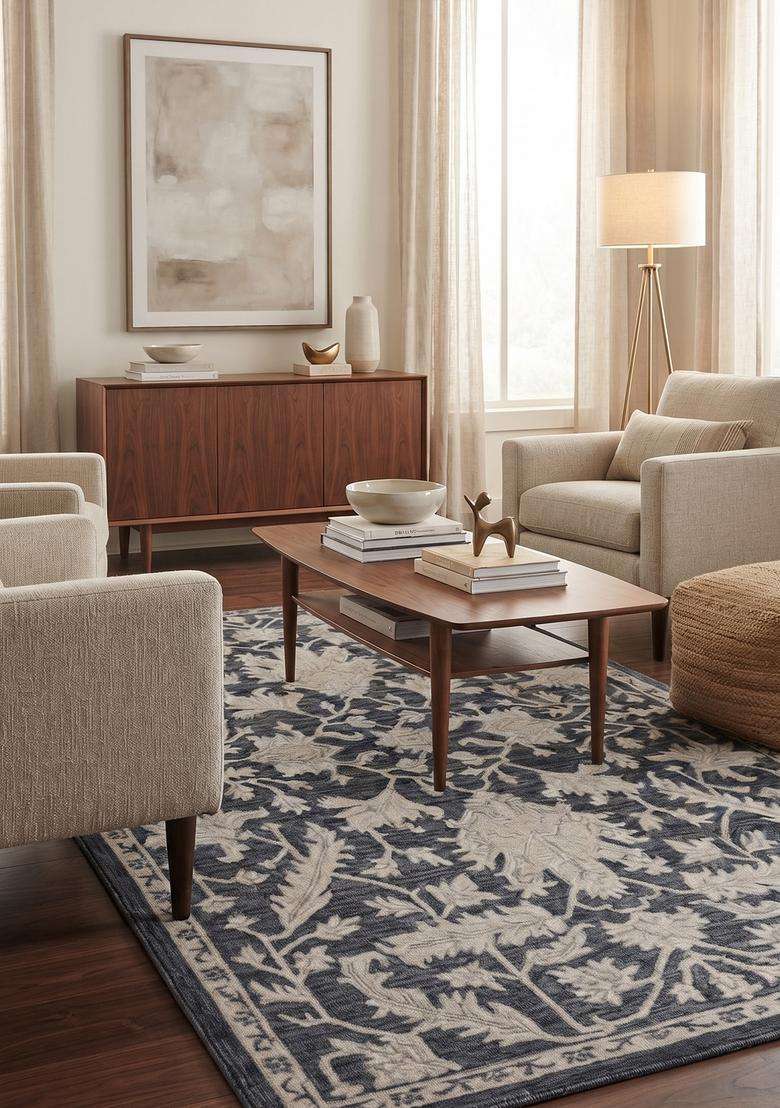 Saffron Rugs Grey Blue Transitional Floral Hand Tufted Wool Rectangular Rug - Indya