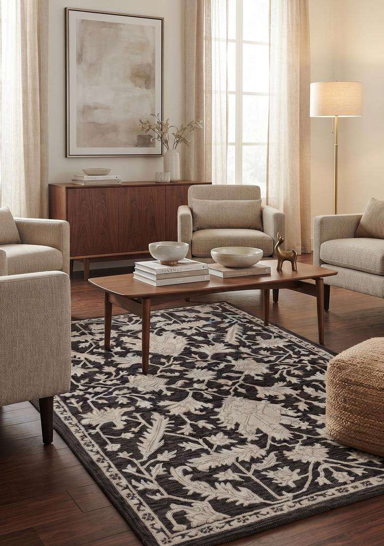 Saffron Rugs Hand-Tufted 100% Wool Area Rug | Dark Charcoal Rectangular Rug | Cotton Backing | Oriental Floral Carpet for Living Room - Indya
