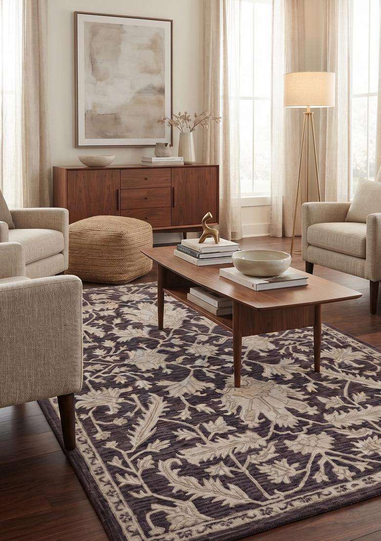 Saffron Rugs Hand-Tufted 100% Wool Area Rug | Dark Purple Rectangular Rug | Cotton Backing | Classic Floral Carpet for Living Room - Indya