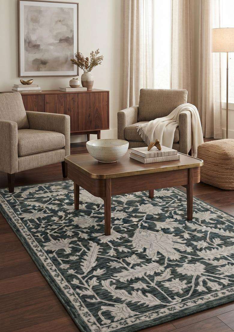 Saffron Rugs Hand-Tufted 100% Wool Area Rug | Teal Grey Rectangular Rug | Cotton Backing | Classic Floral Carpet for Living Room - Indya