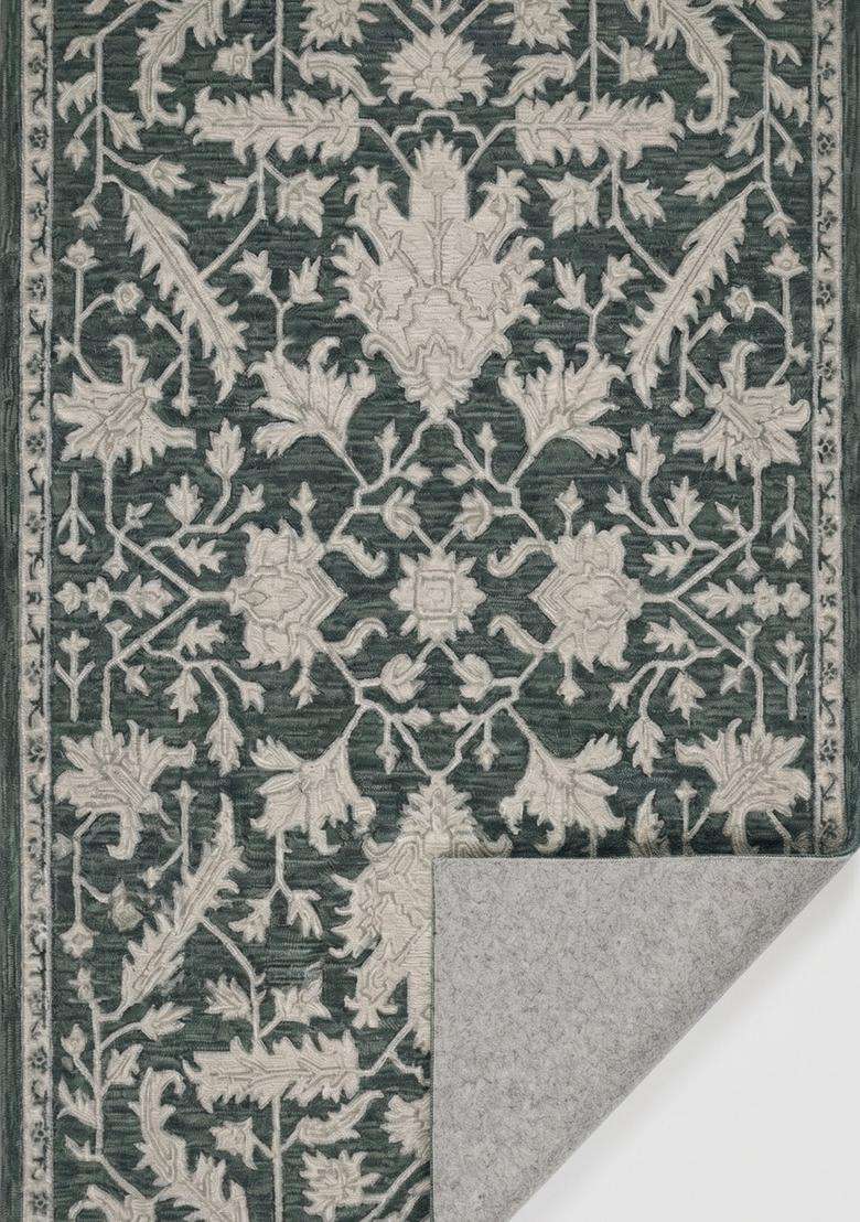 Saffron Rugs Teal Grey Classic Floral Hand Tufted Wool Rectangular Rug - Indya