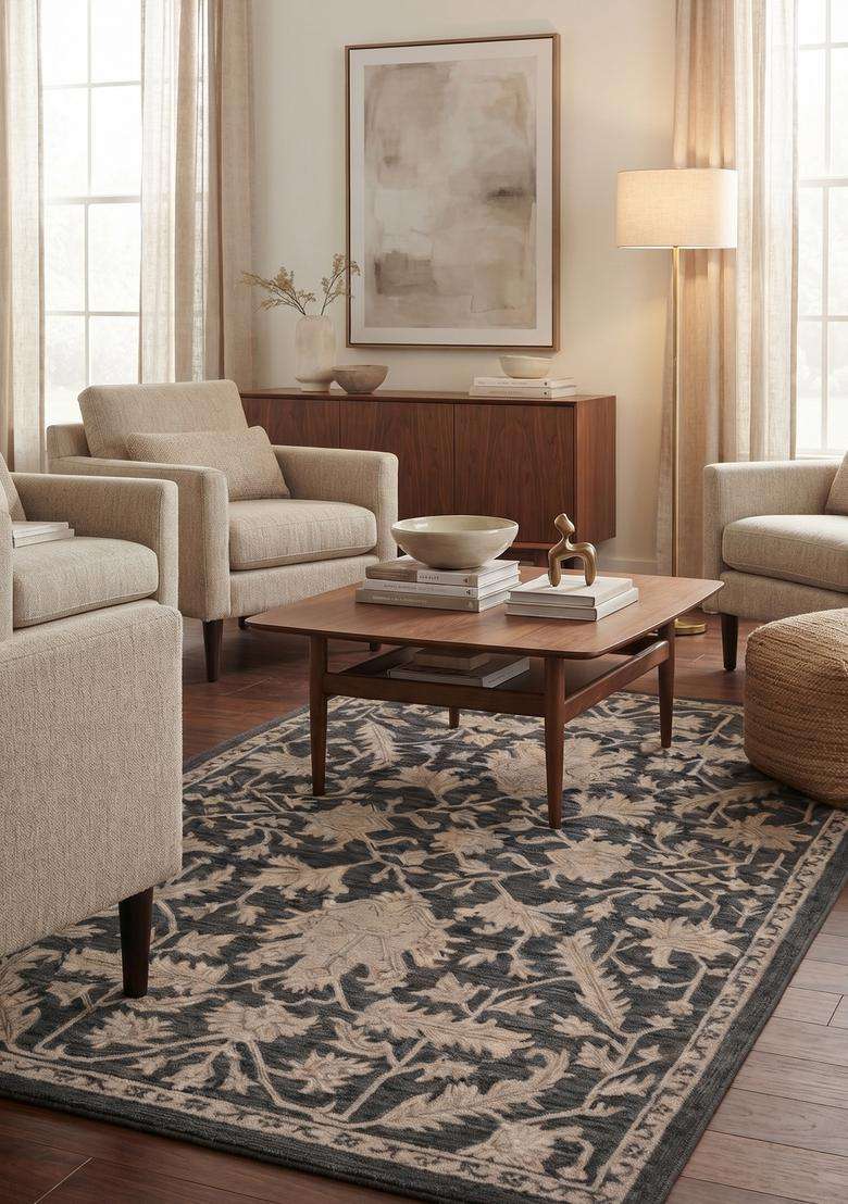 Saffron Rugs Hand-Tufted 100% Wool Area Rug | Charcoal Grey Rectangular Rug | Cotton Backing | Classic Floral Carpet for Living Room - Indya