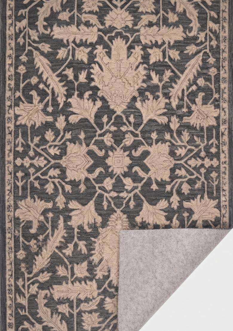 Saffron Rugs Charcoal Grey Classic Floral Hand Tufted Wool Rectangular Rug - Indya