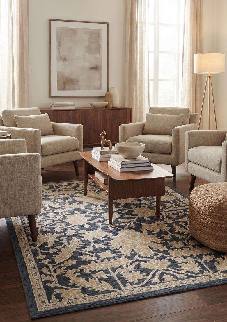 Saffron Rugs Hand-Tufted 100% Wool Area Rug | Blue Grey Rectangular Rug | Cotton Backing | Classic Floral Carpet for Living Room - Indya