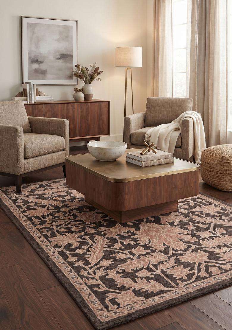 Saffron Rugs Pink Classic Floral Hand Tufted Wool Rectangular Rug - Indya