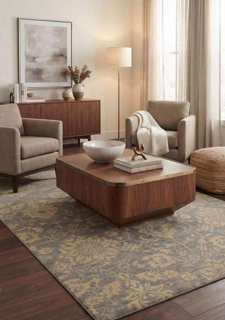 Saffron Rugs Hand-Tufted 100% Wool Area Rug | Blue Grey Gold Rectangular Rug | Cotton Backing | Classic Floral Carpet for Living Room - Indya