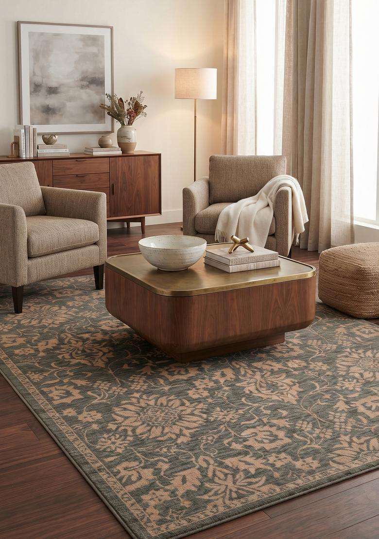 Saffron Rugs Hand-Tufted 100% Wool Area Rug | Dark Teal Grey Rectangular Rug | Cotton Backing | Classic Floral Carpet for Living Room - Indya