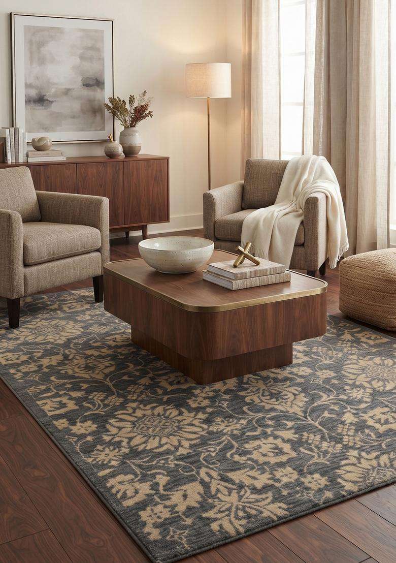 Saffron Rugs Hand-Tufted 100% Wool Area Rug | Charcoal Grey Rectangular Rug | Cotton Backing | Classic Floral Carpet for Living Room - Indya
