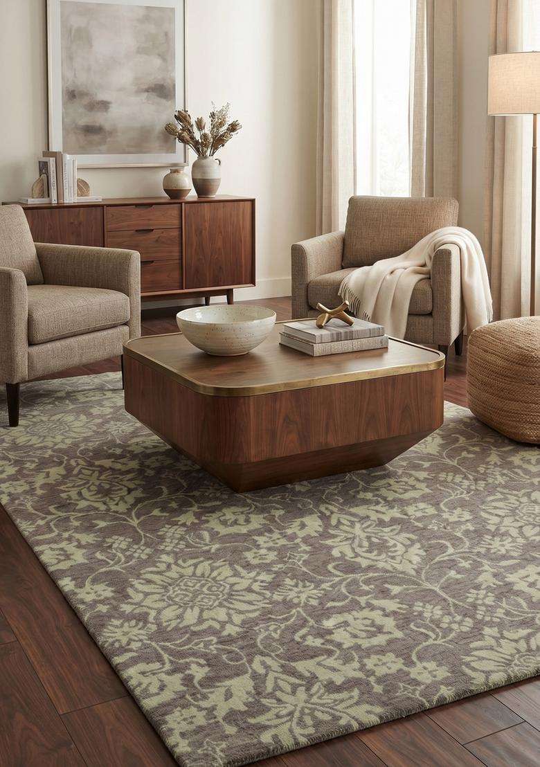 Saffron Rugs Hand-Tufted 100% Wool Area Rug | Grey Rectangular Rug | Cotton Backing | Transitional Floral Carpet for Living Room - Indya